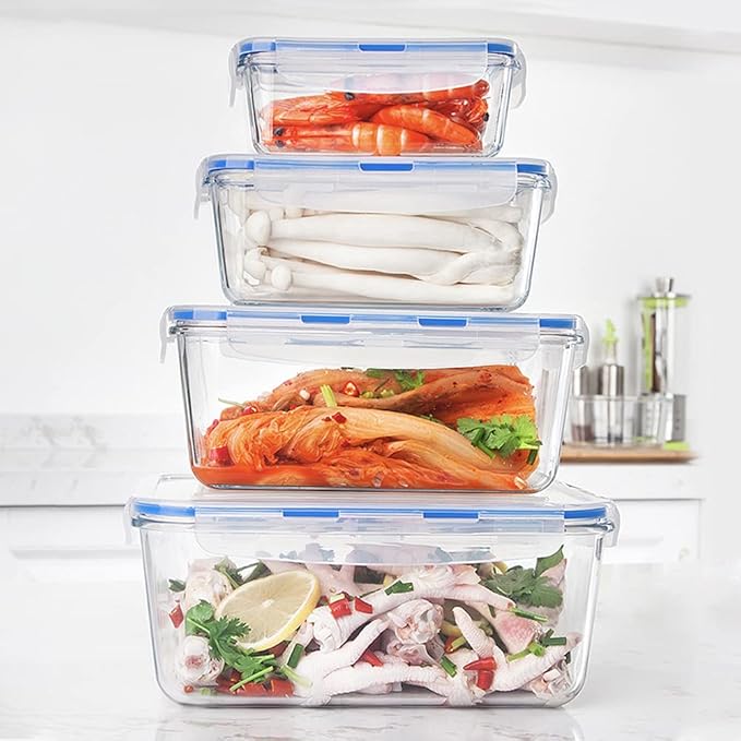 Extra Large Glass Food Storage Containers with Lids, Set-8-Piece Big Size Food Storage Box, Ideal for Storing Food, Vegetables, Fruits, Baking Cake & lot of other Tasty Food (Rectangular)