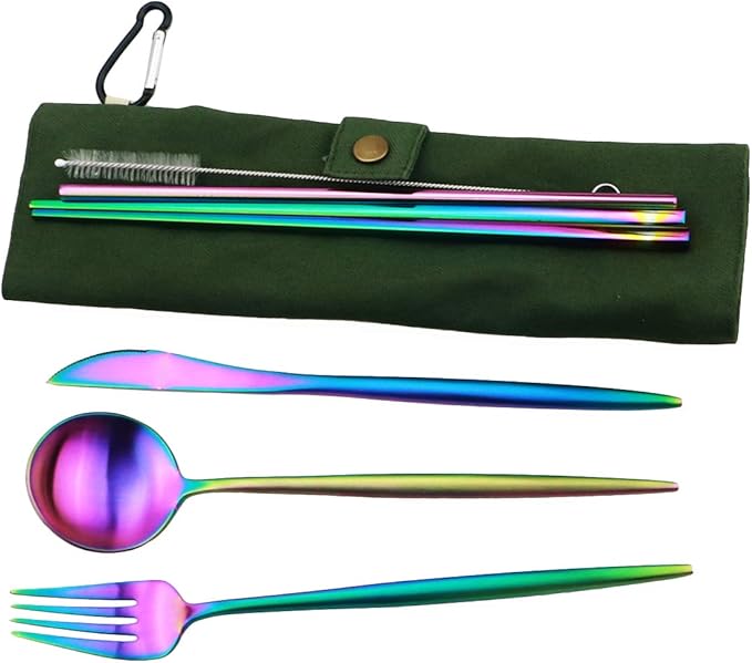 Reusable Travel Utensils, 7 Piece Portable 304 Stainless Steel including Knife Fork Spoon Chopsticks Cleaning Brush Straws Portable Pouch, Eco-friendly Camping Silverware Set, Dishwasher Safe