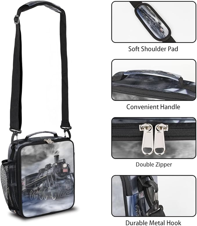 Express Locomotive Train Kids Lunch Box Vintage Train Insulated Lunch Bag Tote for Girls Boys Cooler Freezable Meal Prep Bag with Shoulder Strap Waterproof Lunch Container for School Office Picnic