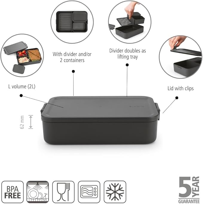 Brabantia Make & Take Bento Lunch Box (Dark Gray) 2 Compartments & Lidded Pot, Lift-Out Tray Divider, BPA-Free, Airtight Snap Locks, Microwave & Freezer Safe, Travel Meal Prep Container