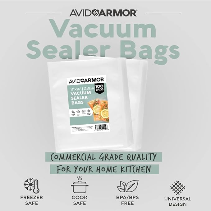 Avid Armor Vacuum Sealer Bags 100 Gallon 11"x16" for Food Saver, Seal a Meal Vac Sealers BPA Free, Heavy Duty Commercial Grade, Mea Prep and Sous Vide Vaccume Safe, Universal Design Pre-Cut Bag