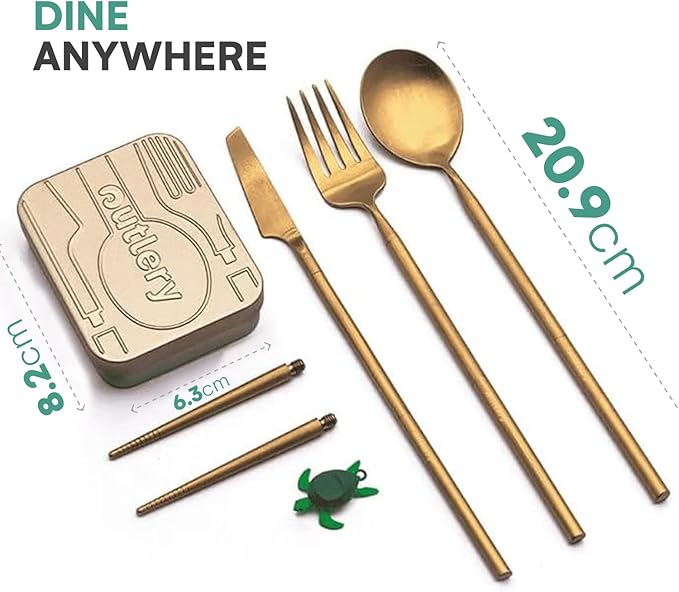 Outlery | Portable & Reusable Stainless Steel Travel Cutlery Set and Reusable Chopsticks (Metallic Gold) Pocket Sized Cutlery Set