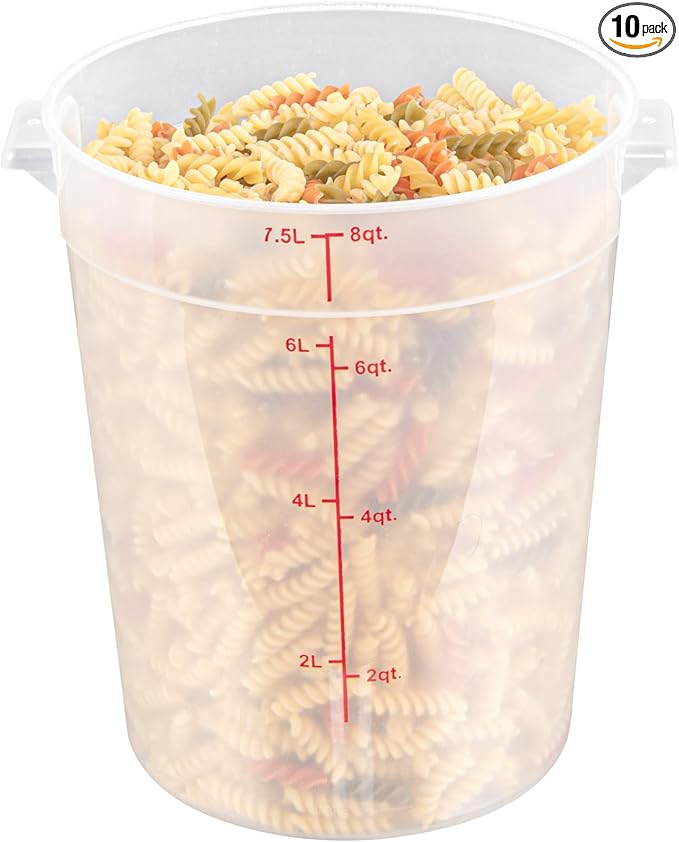 Restaurantware-Met Lux 8 Quart Food Storage Containers, 10 Translucent Storage Containers - Lids Sold Separately, Red Volume Markers, Dishwashable Containers, Side Handles, For Storing Foods