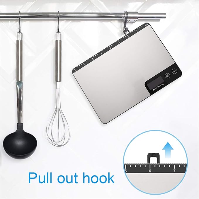 MAX 33lb Kitchen Scale with Measure Length(8inch), Food Scales Digital Weight Grams and Oz with Shrink Hook, 6 Units, Tare Function, High Precision to 1g/0.1oz for Baking and Cooking