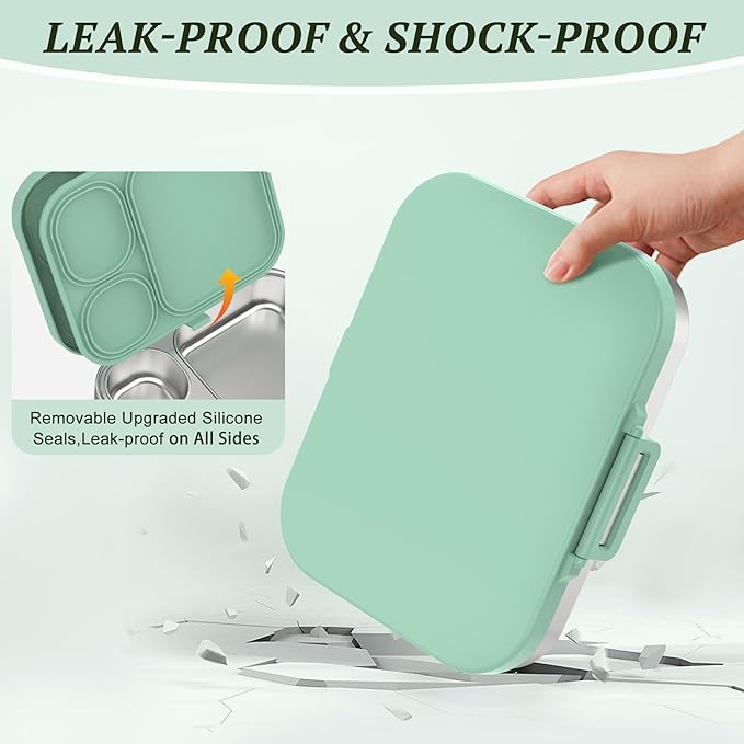 Stainless Steel Lunch Box, Leak-Proof with free sealing Bento Box 3 Compartments, Metal Lunchbox for Travel & Work, Eco-Friendly Meal Storage Solution Green