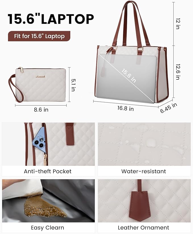 LOVEVOOK Lunch Tote Bag for Women, 15.6 Inch Laptop Bag with Insulated Lunch Compartment, Quilted Large Capacity Computer Handbag with Purse for Business, Work, Collage, Office, Casual, Beige-brown
