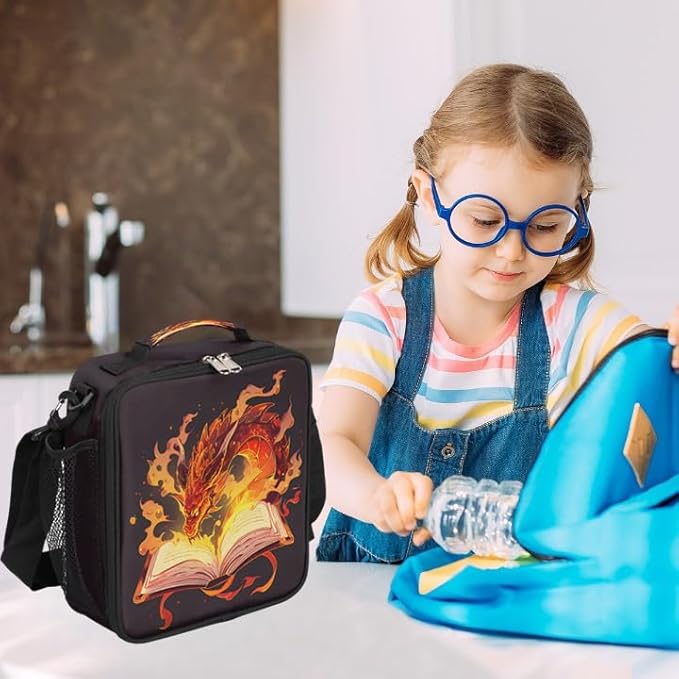 Kids Lunch Box for Boys Girls Magic Book Dragon Lunch Bag for Kids Insulated Lunch Bag Tote with Adjustable Shoulder Strap Teens Lunchbox Cooler School Picnic