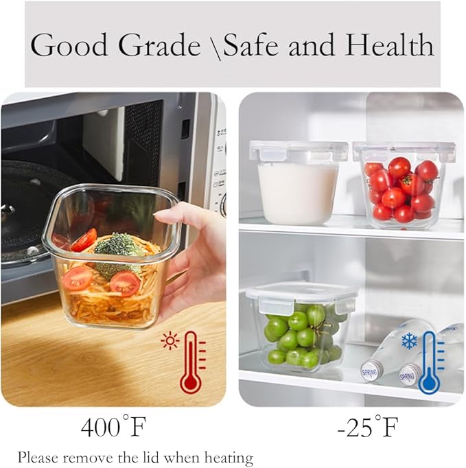 Square Glass Food Storage Containers, 4 Cup Glass Soup Container with Airtight Lids, Food Meal Prep Bowls, Storage Jars for Salad and Fruit, Oven、Microwave、Dishwasher Safe (4 Pack)