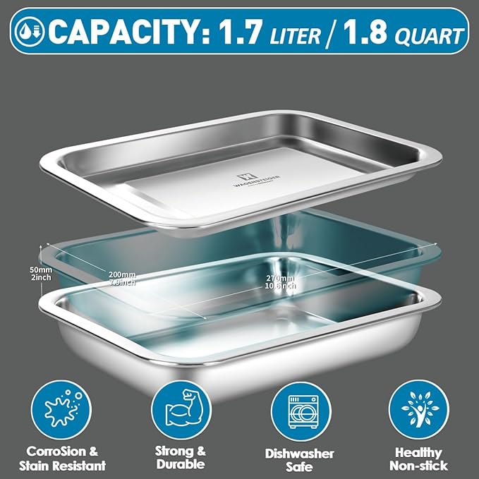 Stainless Steel Food Prep Container with Rack & Lid (Tray) 1.8 Quart / 2inch Depth, Catering Pans, Restaurant Pan, Buffet Party Pan, For Oven Roasting, Casserole (1301/No1)