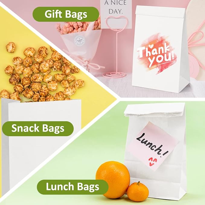 SHOPDAY 12lb Paper Lunch Bags 100 Pack 7x4.5x13.75" Kraft White Grocery Bags Bulk, Bread Sack Lunch Snack Bags