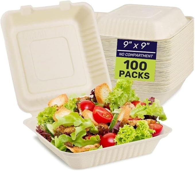 100 Packs Disposable 9x9 Clamshell Take-Out Container Compostable Biodegradable Bagasse & Eco-friendly To Go Container for Food