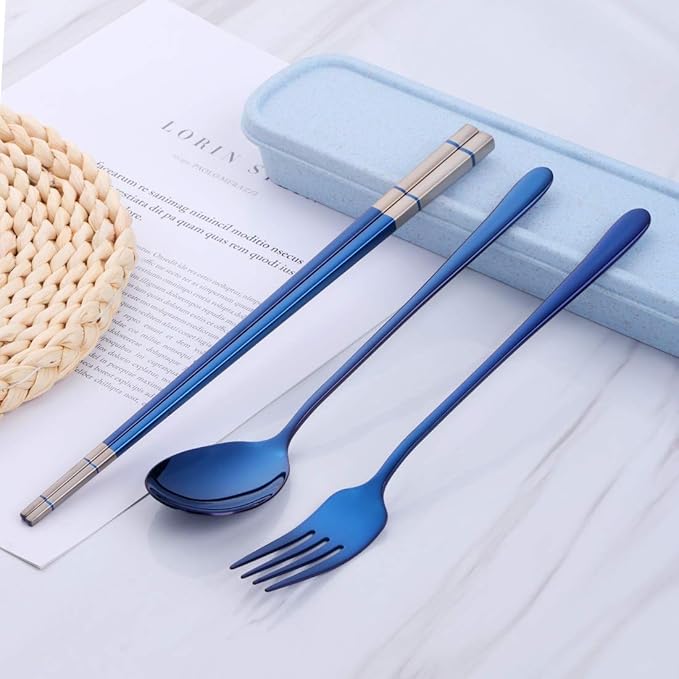3 PCS Stainless Steel Travel Camping Flatware Set Fork Spoon Chopsticks with Portable Case, Blue