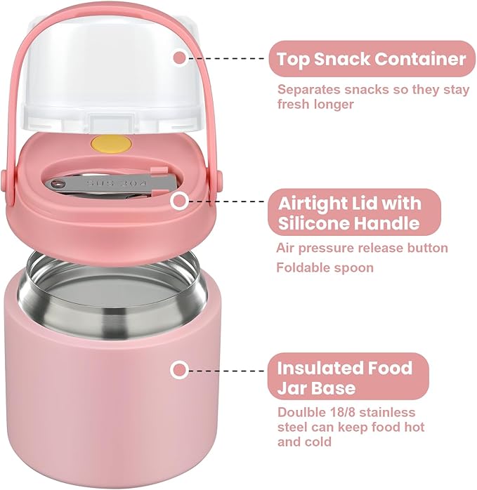 2-In-1 Soup Thermo for Hot Food Kids, 15 Oz Insulated Food Container and a Snack Box, Wide Mouth, Leak Proof, Stainless Steel Spoon, Dishwasher Safe Food Thermo Set for School, Work, Travel, Pink