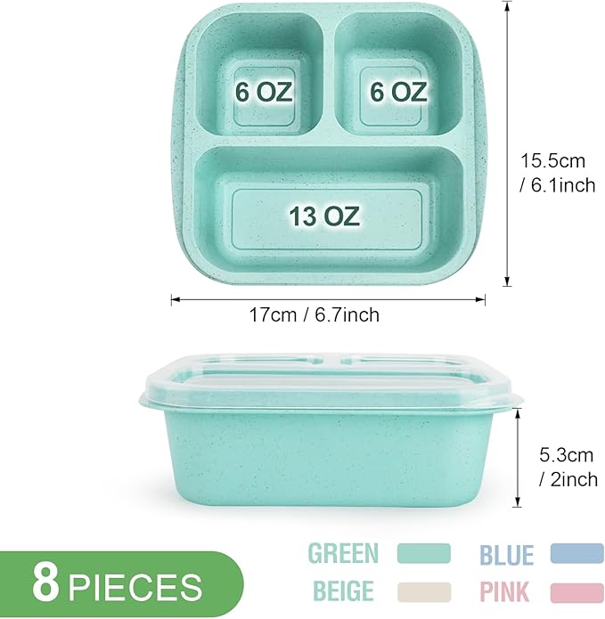 8 Pack Bento Box Lunch Container for Kids with Forks, Divided Lunch Boxes Meal Prep Food Storage Containers for Adults, Reusable Portion Control Container for School Work Travel Camp (20 OZ)