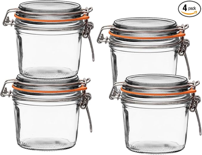Le Parfait Super Terrine - 350ml French Glass Canning Jar w/Straight Body, Airtight Rubber Seal & Glass Lid, 12oz (Pack of 4) Stainless Wire