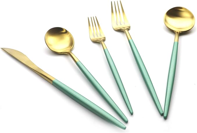Green Gold Flatware, Royal 20 Pieces Matte White Handle 18/10 Stainless Steel Tableware Sets for 4 Including Forks Spoons Knives, Camping Silverware Travel Utensils Set Cutlery (Green Gold)