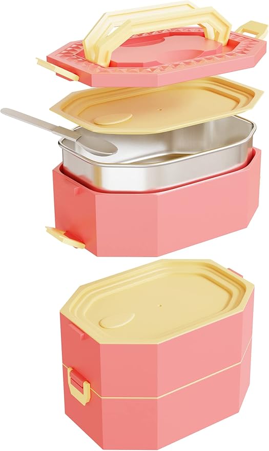 Stainless Steel Stackable Bento Box Adult Lunch Box with Cutlery - Hot/Cold - Separates Ideal Portion Sizes - Reusable Tin Inserts - Dishwasher Safe - Stackable Lunch Container for Adults with Spork