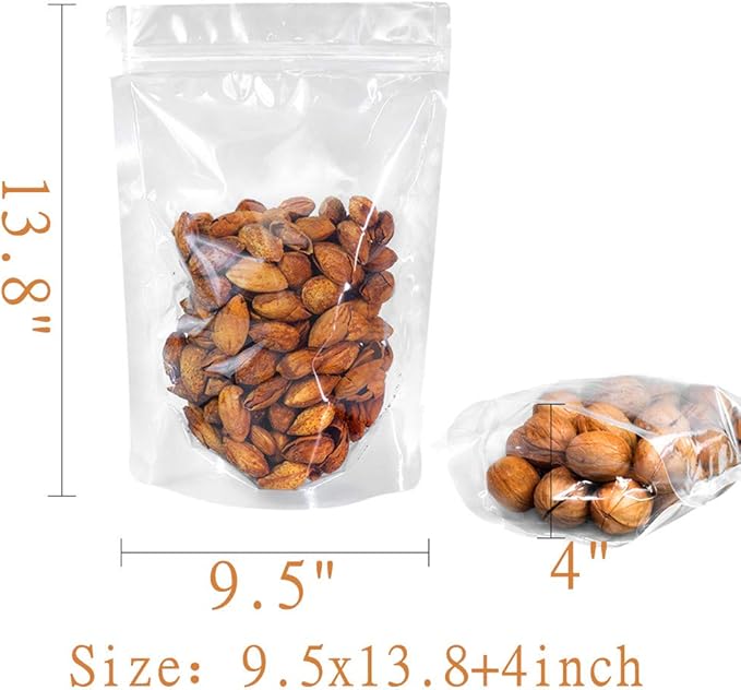 100 Pack Smell Proof Mylar Bags 9.5x13.8+4inch, Resealable Stand Up Food Storage Bags Clear Reusable Self Seal Zipper Lock Mylar Bags for Food, Seeds, Pills