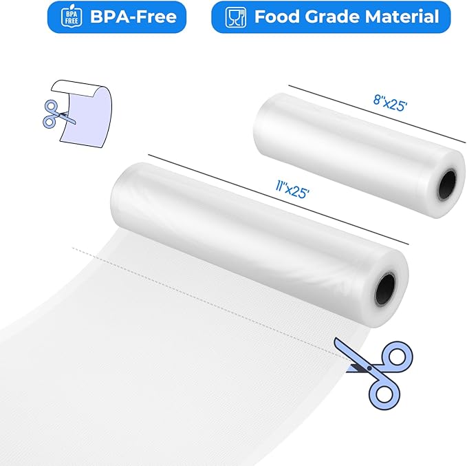 INKBIRD Custom Vacuum Sealer Rolls,Food Storage and Sous Vide Rolls, Vacuum Sealer for Food Preservation 4 Pack Vacuum Sealer Bags 11" x 25' (2 Rolls) & 8" x 25' (2 Rolls), BPA-Free