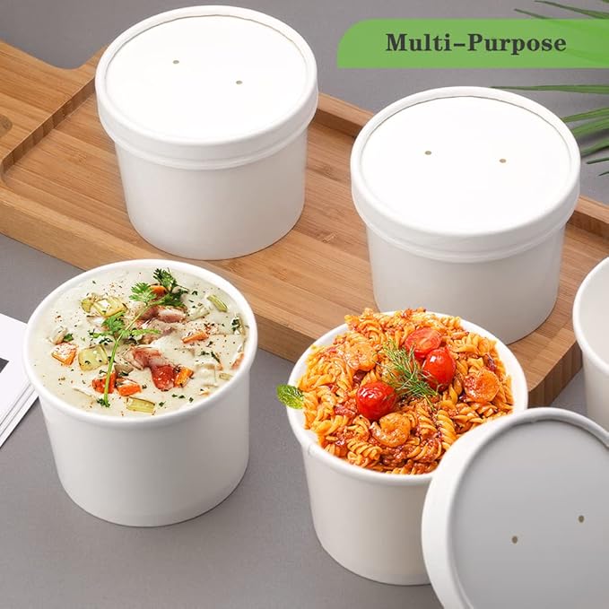 12 oz 50 Pack Paper Soup Containers with lids, Disposable Kraft Food Cups, Soup Cups Paper Ice Cream Cup, Dessert Cup, Yogurt Ice Cream Containers. Great For Restaurants, Take Outs, or To-Go Lunch