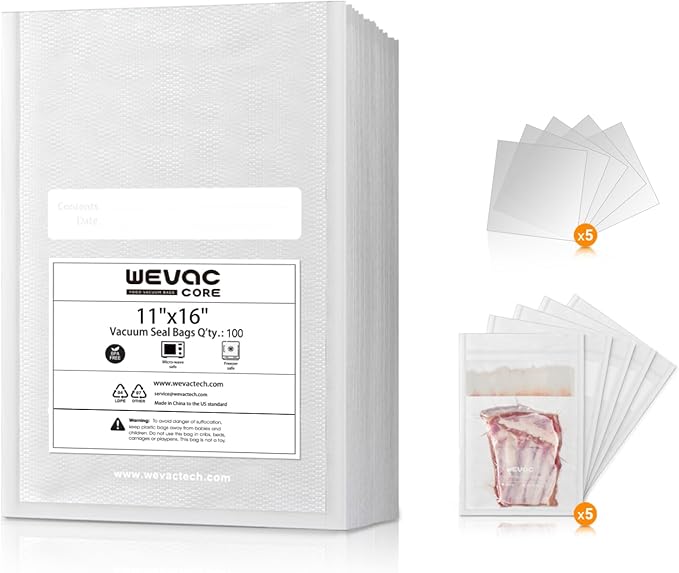 11" x 16" Precut Vacuum Sealer Bags, 100 Count, Includes 5 Liquid Block Bags & 5 Bone Guard Pieces, Heavy Duty for Food Storage, Sous Vide & Meal Prep, Wevac Core