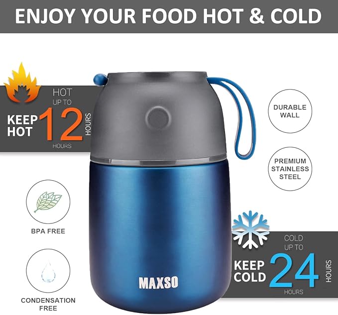 Insulated Thermo Food Jar for Hot & Cold Food for Kids Adult, 17&24 oz Soup Thermal Hot Food Containers for Lunch, Triple Layer Insulation Stainless Steel Food Jar with Spoon (2 Pack Blue)