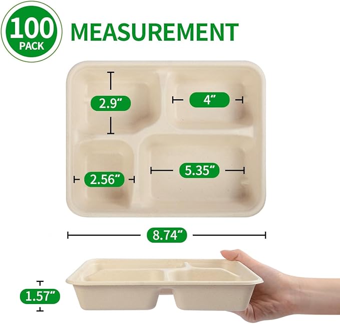 Bloomoom 100 Pack 4 Compartment Paper Bowls, Deep Disposable Lunch Trays with 4 Compartment, Microwavable for Food Services at Party, Church, Food Court