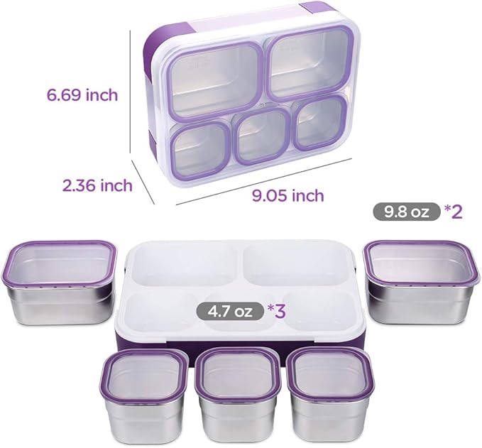 DaCool Stainless Steel Kids Bento Lunch Box Leak Proof BPA-Free School Lunch Container 5-Compartment with Lunch Bag and Fork for Toddler Child Adult, Food Snack Container for Picnic Outdoors,Purple