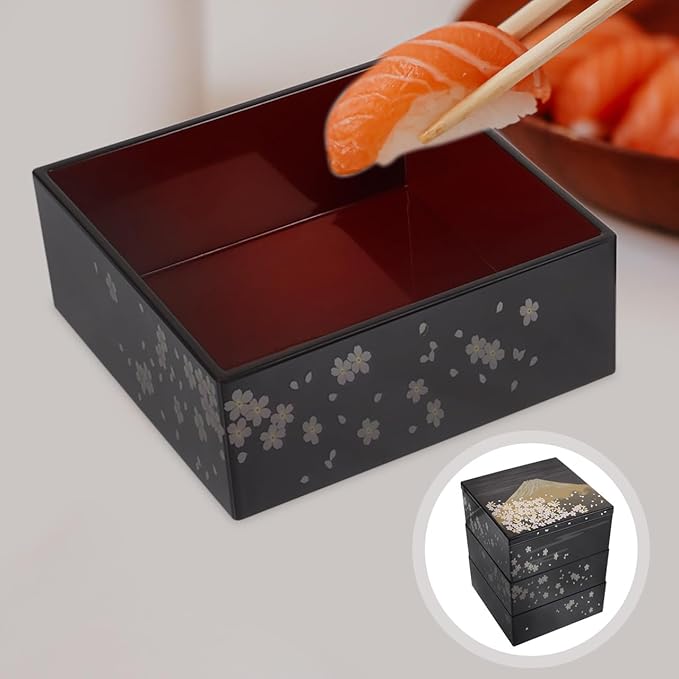 Amosfun Traditional Japanese Bento Lunch Box 3-tiers Sushi Tray Plastic Lacquered Snack Box with Lid Meal Container for Home Restaurant