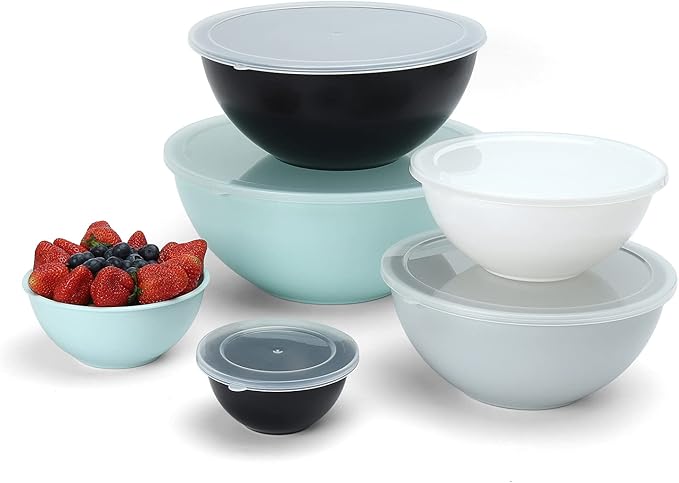 COOK WITH COLOR Mixing Bowls with Lids - 12 Piece Plastic Nesting Bowls Set includes 6 Prep Bowls and 6 Lids, Microwave Safe Mixing Bowl Set (Mint/Black and White)