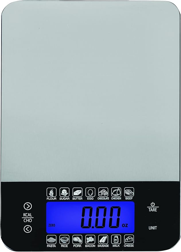 SmartHeart Digital Kitchen Food Scale with Calorie & Carb Calculator | Stainless Steel | Tare Function | Unit Conversions: oz/lbs/g/ml | 14 Pre-Set Foods | Large Backlit LCD Display