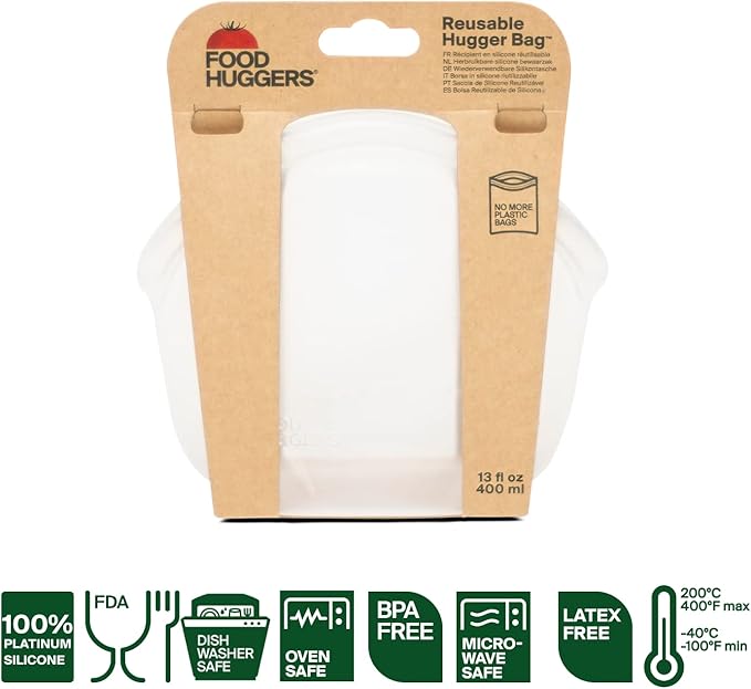 Food Huggers Hugger Bags Silicone Reusable Lunch & Snack Bag Durable Storage, BPA Free, Dishwasher & Freezer Safe, Stand-Up Resealable Produce Pouch | Small 13 fl oz, Clear