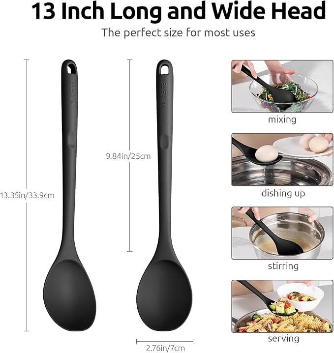 18/8 Stainless Steel Measuring Spoons Set for Dry and Liquid Ingredients (Set of 6), and 600℉ Heat Proof Long Non-Scratch Silicone Solid & Slotted Set of 2 Cooking Spoon for Mixing (Black)