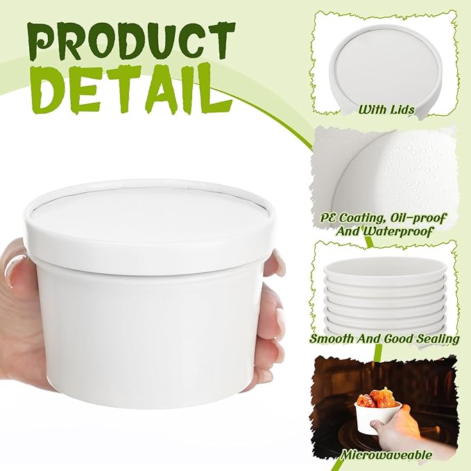 Fulmoon 100 Pack Paper Soup Containers with Lids Disposable Paper Food Containers with Vented Lids Kraft Ice Cream Bowls Soup Cup Ice Cream Cups for Restaurants(6 oz,White)