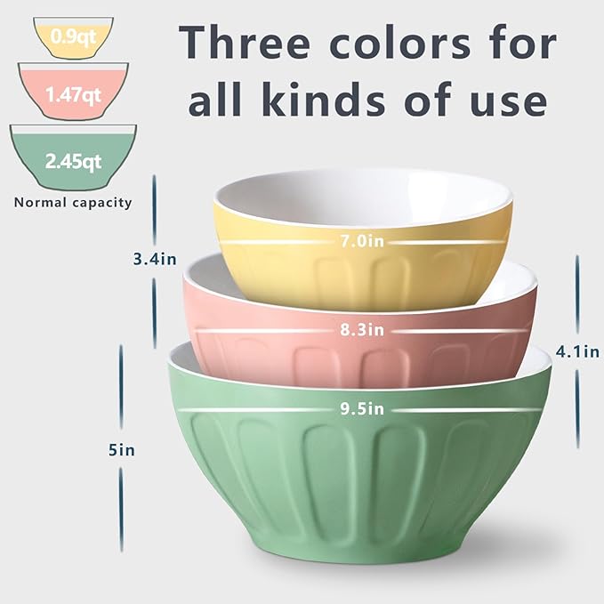 Lareina Ceramic Mixing Bowls for Kitchen, 3-Piece Large Colorful Serving Bowls, 3.13/1.68/1.18 Qt Deep Microwaveable Nesting Bowl, Stackable and Functional, Ideal Gift