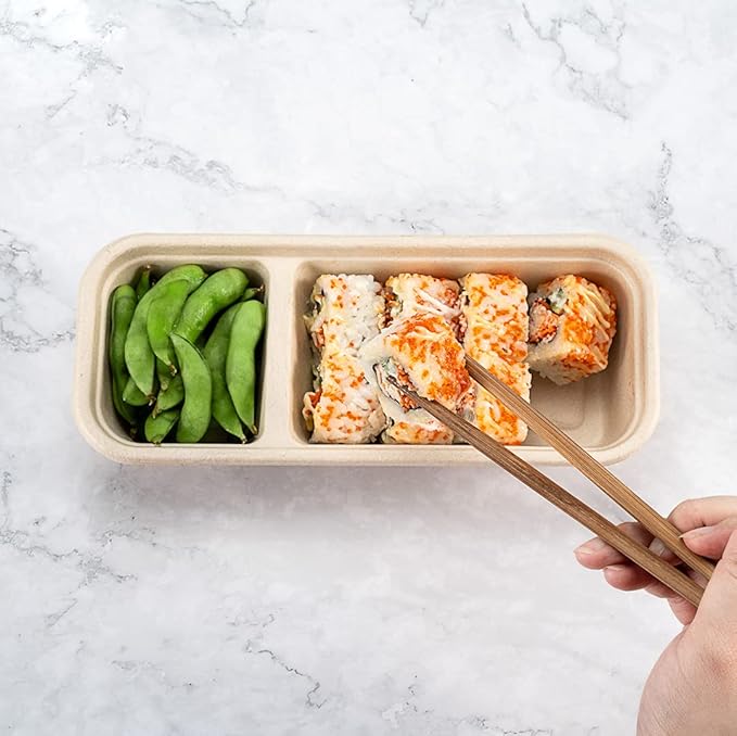Restaurantware Pulp Tek 9.2 x 3.8 x 1.8 Inch Takeaway Food Boxes 100 Microwavable Take Out Containers - Lids Sold Separately Freezable Bagasse Catering Food Containers 2 Compartments 17 Ounces