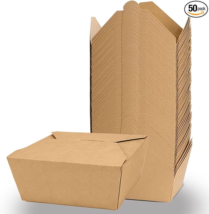 50 Pack 47 oz Large Takeout Food Container, Heavy-duty Microwave Kraft Paper Takeout Box, Leak Proof and Oil Resistant Paper Lunch Box, Cardboard takeout box for Restaurants, Homes, and Gatherings