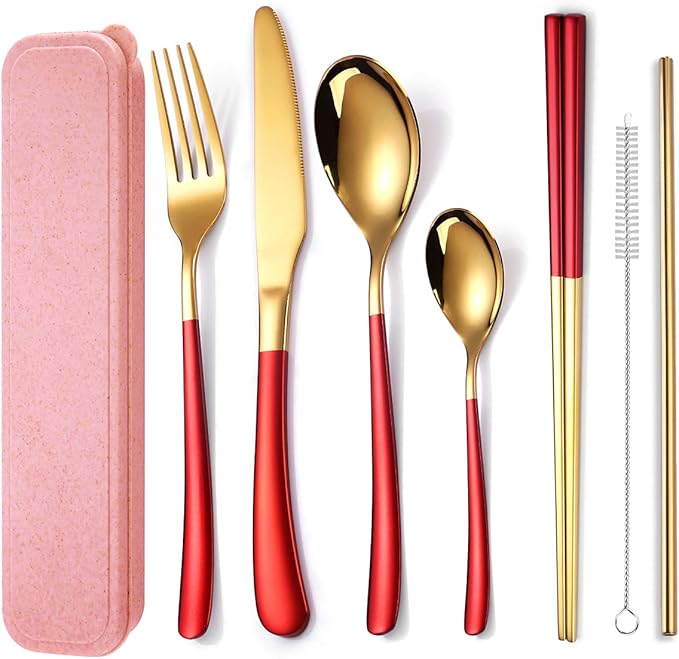 AARAINBOW 6 Pieces Stainless Steel Flatware Set Portable Reusable Cutlery Set Travel Utensils Set Including Chopsticks Knife Fork Spoon Straws Cleaning Brush Dishwasher Safe (7 Red Golden)