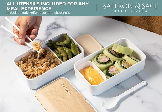 Saffron & Sage Bento Lunch Box - 42oz White Japanese style Bento Box for Adults or Kids with Cutlery, Chopsticks, Sauce Container and Bento Bag - Leak proof, Dishwasher, Freezer, Microwave safe