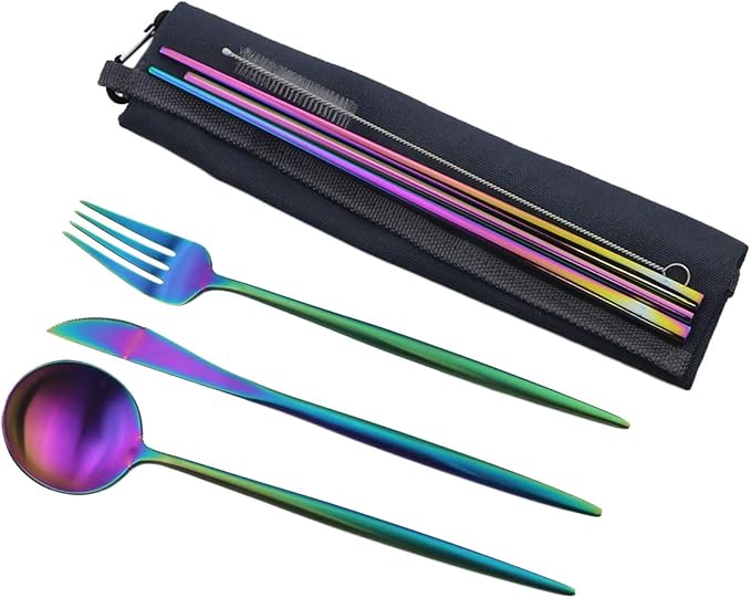 Reusable Travel Utensils, 7 Piece Portable 304 Stainless Steel including Knife Fork Spoon Chopsticks Cleaning Brush Straws Portable Pouch, Eco-friendly Camping Silverware Set, Dishwasher Safe