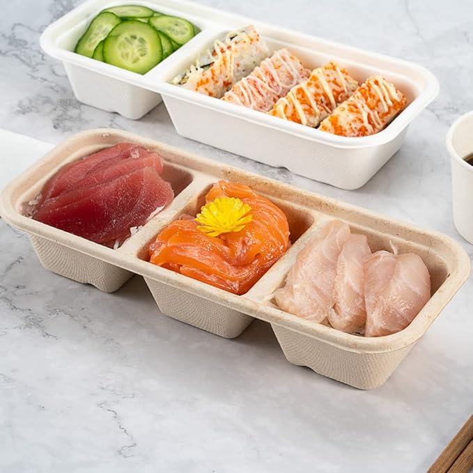 Restaurantware Pulp Tek 9.2 x 3.8 x 1.8 Inch Takeaway Food Boxes 100 Microwavable Take Out Containers - Lids Sold Separately Freezable Bagasse Catering Food Containers 3 Compartments 17 Ounces