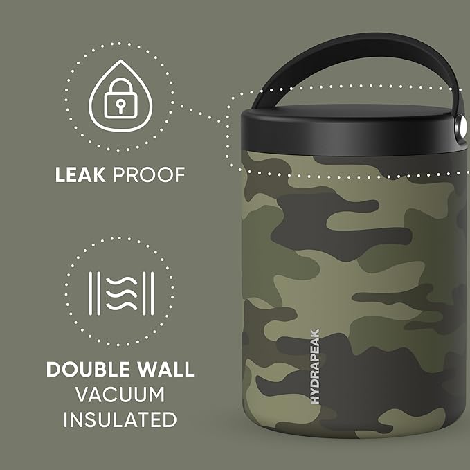 Hydrapeak 32oz Stainless Steel Vacuum Insulated Thermos Food Jar | Thermos for Hot Food and Cold Food, Wide Mouth Leak-Proof Soup Thermos for Adults, 10 Hours Hot and 16 Hours Cold (Camo)