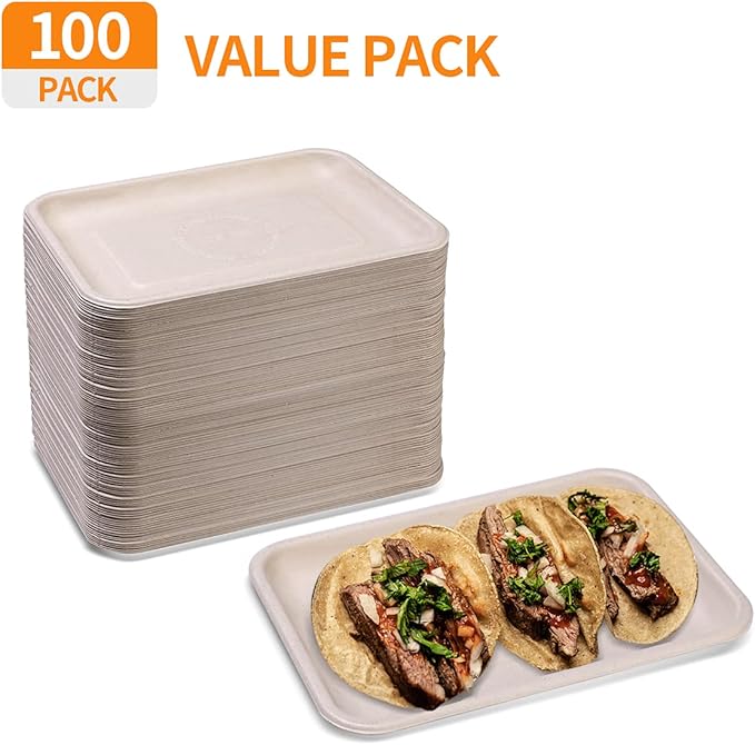 Celel 100 Pack 8 Inch Rectangle Paper Plates, Bend-Resist 8 x 6 inch Food Trays Disposable Rectangle Plates for Tacos, Meat, Dessert, Snack