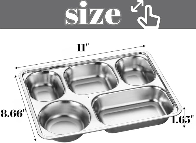 Stainless Steel Divided Plates with Lid, 5 Pack Divided Dinner Tray 5 Compartments Lunch Tray Divided Dinner Tray Meal Prep Lunch Containers for Adults, Picky Eaters, Campers, Portion Control