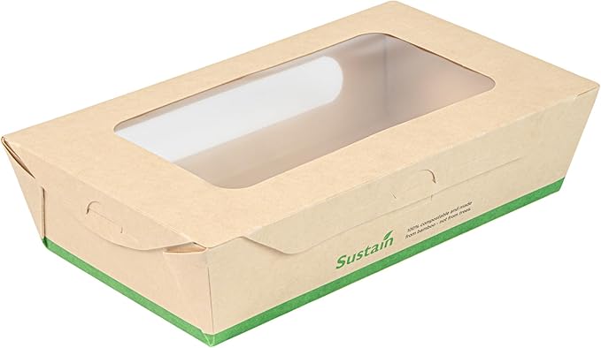 Restaurantware-Sustain 35 Ounce Sturdy Paper Take Out Boxes, 50 Disposable Take Out Food Containers - With PLA lining, Two Clear PLA Windows, Bamboo Paper Containers, Compostable, Tab-Lock Design