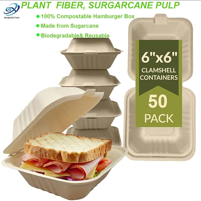 Dhaey HGX Food Storage Container, Biodegradable, Grease-Proof 6x6 Clamshell Small Togo Containers, Small Take Out Boxes 50pk. Disposable, Microwavable Take Out Container With Hinged Lid
