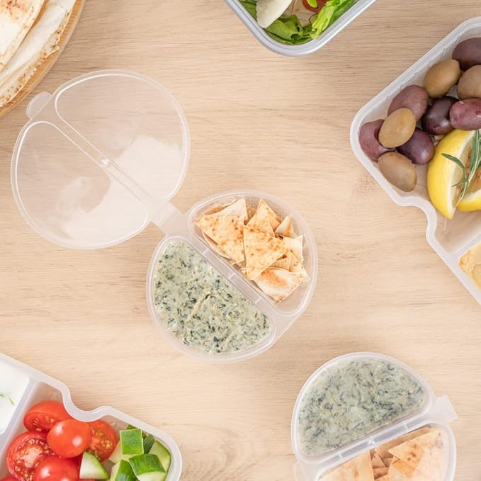 Restaurantware Futura 4 Ounce Snack Containers 100 Microwavable Sauce Containers - 2 Compartments Hinged Lid Clear Plastic Portion Cups For Condiments Or Dips