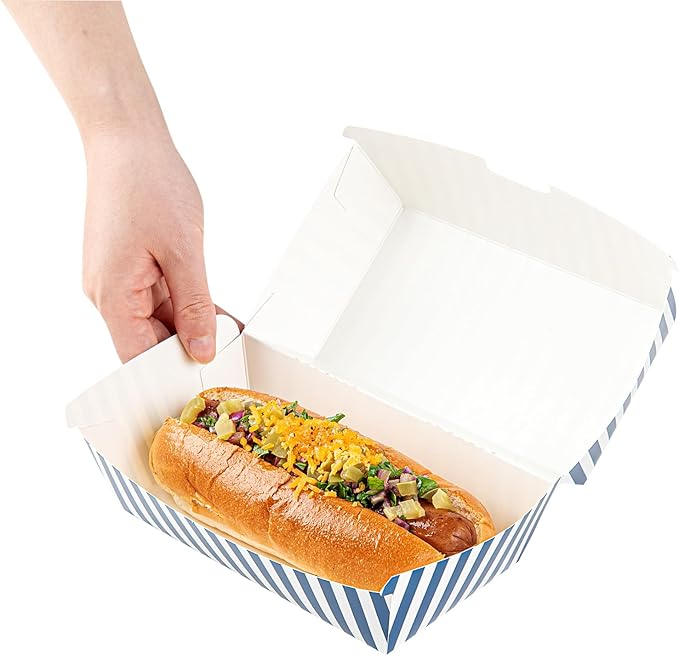 Restaurantware Bio Tek 6.7 x 3.5 x 3.5 Inch Clamshell Food Containers 100 Disposable Sandwich Containers - Hinged Lid Tab-Lock Closure Blue And White Paper Hot Dog Containers Greaseproof