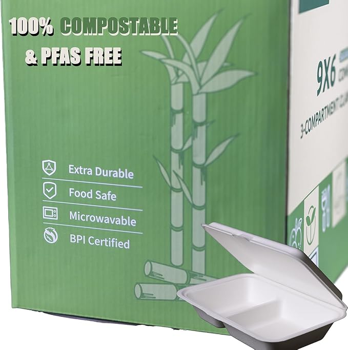 Greensoil 9x6 Compostable Clamshell Take Out Containers - 2-Compartment 100 Pack, Heavy Duty Microwavable Salad Container for Lunch, Biodegradable, BPI Certified for Food Trucks, Families, Schools