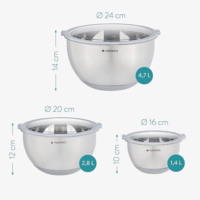 Navaris Stainless Steel Mixing Bowls with Lids (Set of 3) - Small, Medium and Large Mixing Bowl with Lid Set - 1.5 QT, 3 QT, 5 QT - Gray